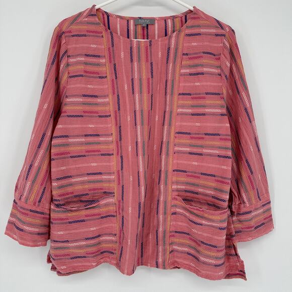 Habitat Tops - Habitat Jacket Womens Medium Pink Stripe Cotton Open Front Pockets Style 46223